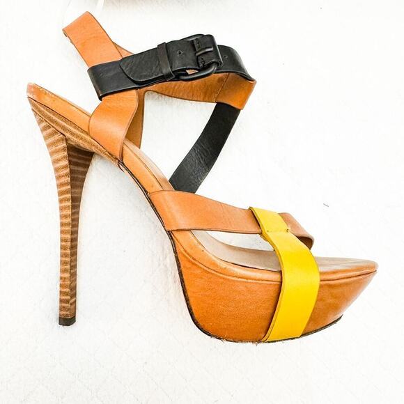 L.A.M.B. Evelyn Platform Leather Colorblock Heels Strappy Shoe Strapback Size 8M - Picture 5 of 8